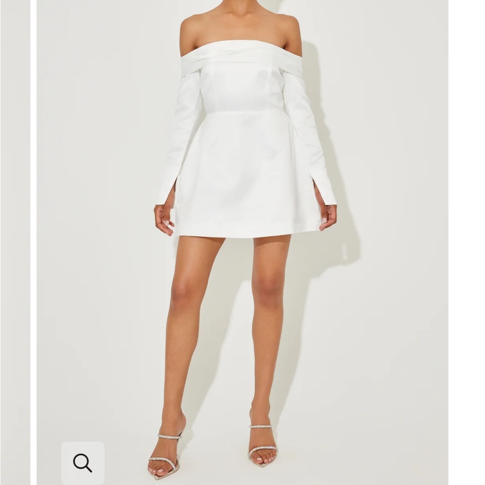 Cream A-Line Off-Shoulder Long Sleeve Dress